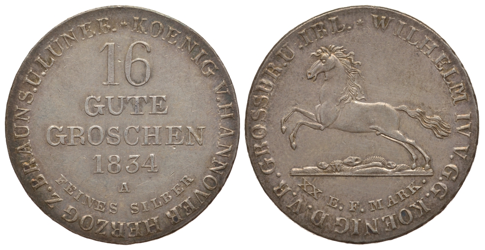 Брауншвейг-Каленберг-Ганновер 16 гутергрошен 1834 Вильгельм IV (1830-1837) J. 33, AKS 66, Kahnt 212 серебро 10-014-30