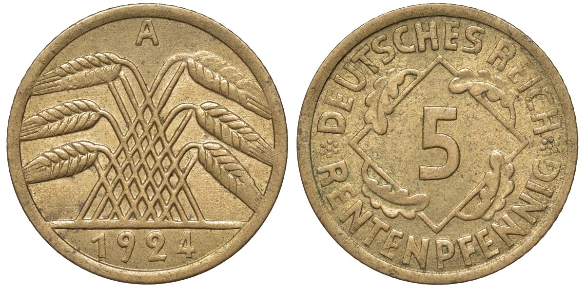 Германия 5 рентенпфеннигов 1924 A KM 32, J. 308 алюминиевая бронза 4174-459