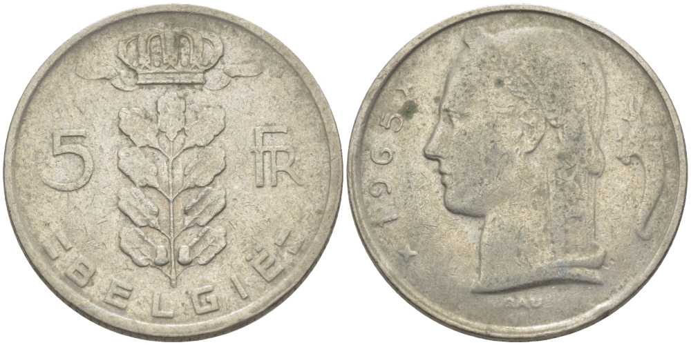 БЕЛЬГИЯ 5 ФРАНКОВ 1965 BELGIE, БОДУЭН I (1951-1993) KM 135.1 медно-никель 119-812