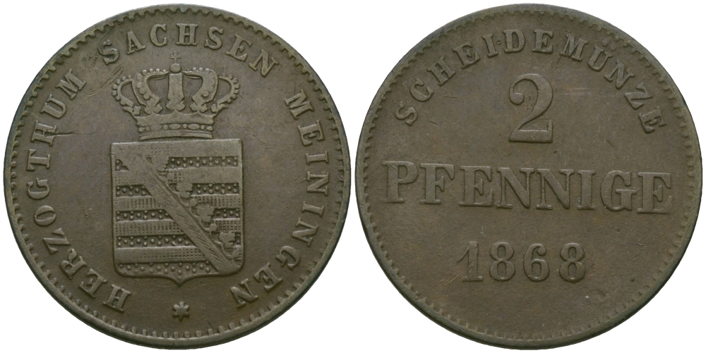 Саксен-Мейнинген 2 пфеннига 1868 Георг II (1866-1914) KM 174 медь 99-662