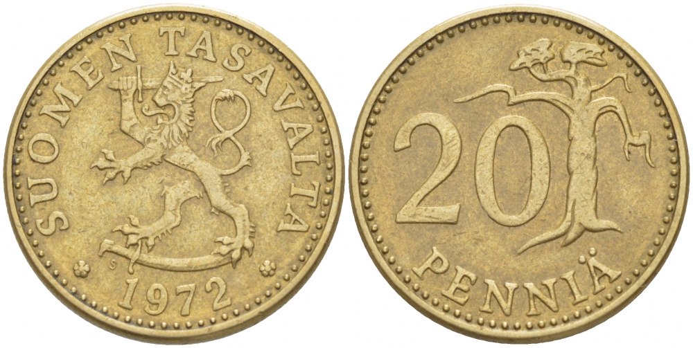Финляндия 20 пенни 1972 S KM 47 алюминиевая бронза 3718-1226