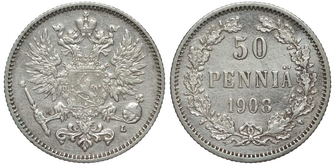Россия для Финляндии 50 пенни 1908 L, Николай II (1894-1917) КМ 2.2, Биткин 403 серебро 75-844