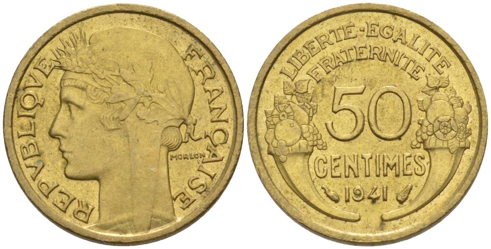 ФРАНЦИЯ 50 САНТИМОВ 1941 ТИП MORLON KM 894.1, LE FRANC 192.18 алюминиевая бронза 44-617