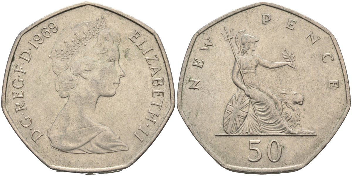 Великобритания 50 пенсов 1969 Елизавета II (1952-2022) KM 913, Spink 4223 (H1) медно-никель 4578-131