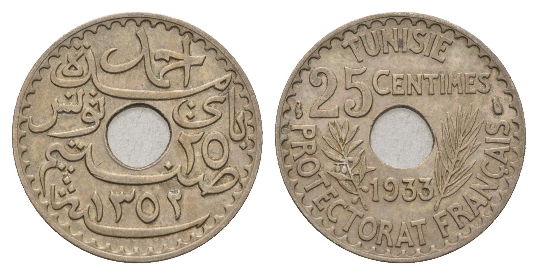 Тунис 25 сантимов 1933 KM 260 медно-никель aUNC 4127-1934