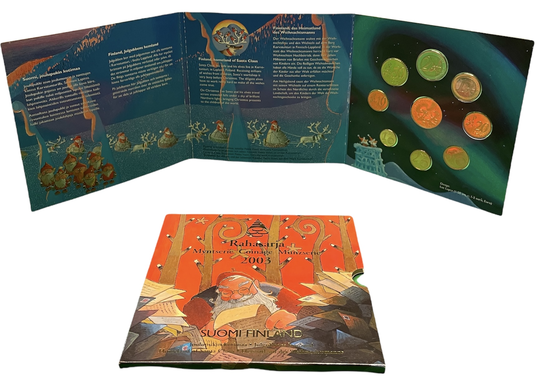 Финляндия евронабор из 8 монет + жетон 2003 Санта-Клаус, официальный набор в оригинальном буклете  биметалл  UNC  7-5-6-07