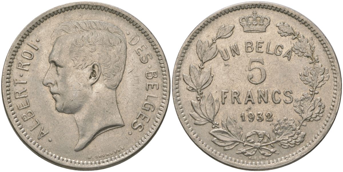 Бельгия 5 франков 1932 Belges, Альберт I (1909-1934) KM 97 никель 4157-1125