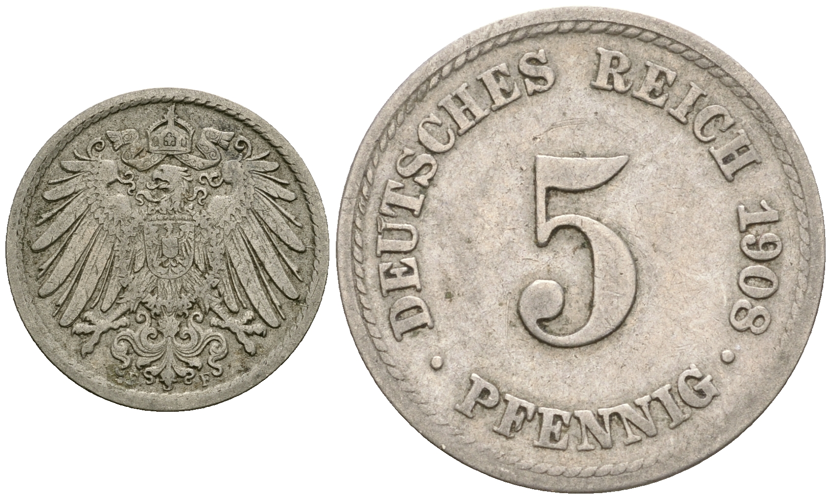 Германия 5 пфеннигов 1908 F KM 11, Jager 12, Weege 6 медно-никель 4608-818