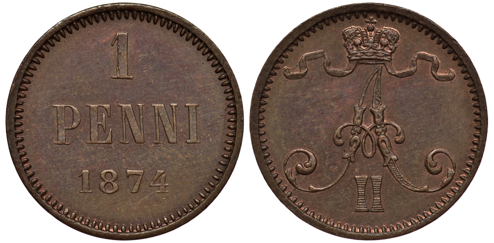Россия для Финляндии 1 пенни 1874 Александр II (1855-1881) Биткин 673 медь  UNC  1520-515