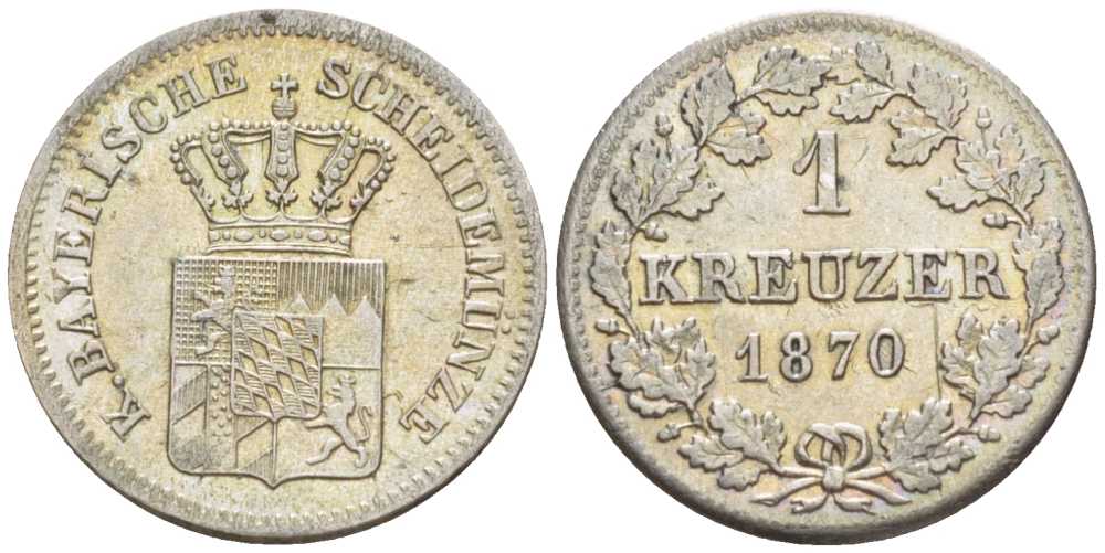 Бавария 1 крейцер 1870 Людвиг II (1864-1886) KM 487 серебро 201-1022
