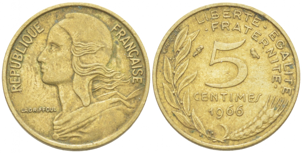 ФРАНЦИЯ 5 САНТИМОВ 1966 ТИП MARIANNE KM 933, LE FRANC 125.2 алюминиевая бронза 4516-769