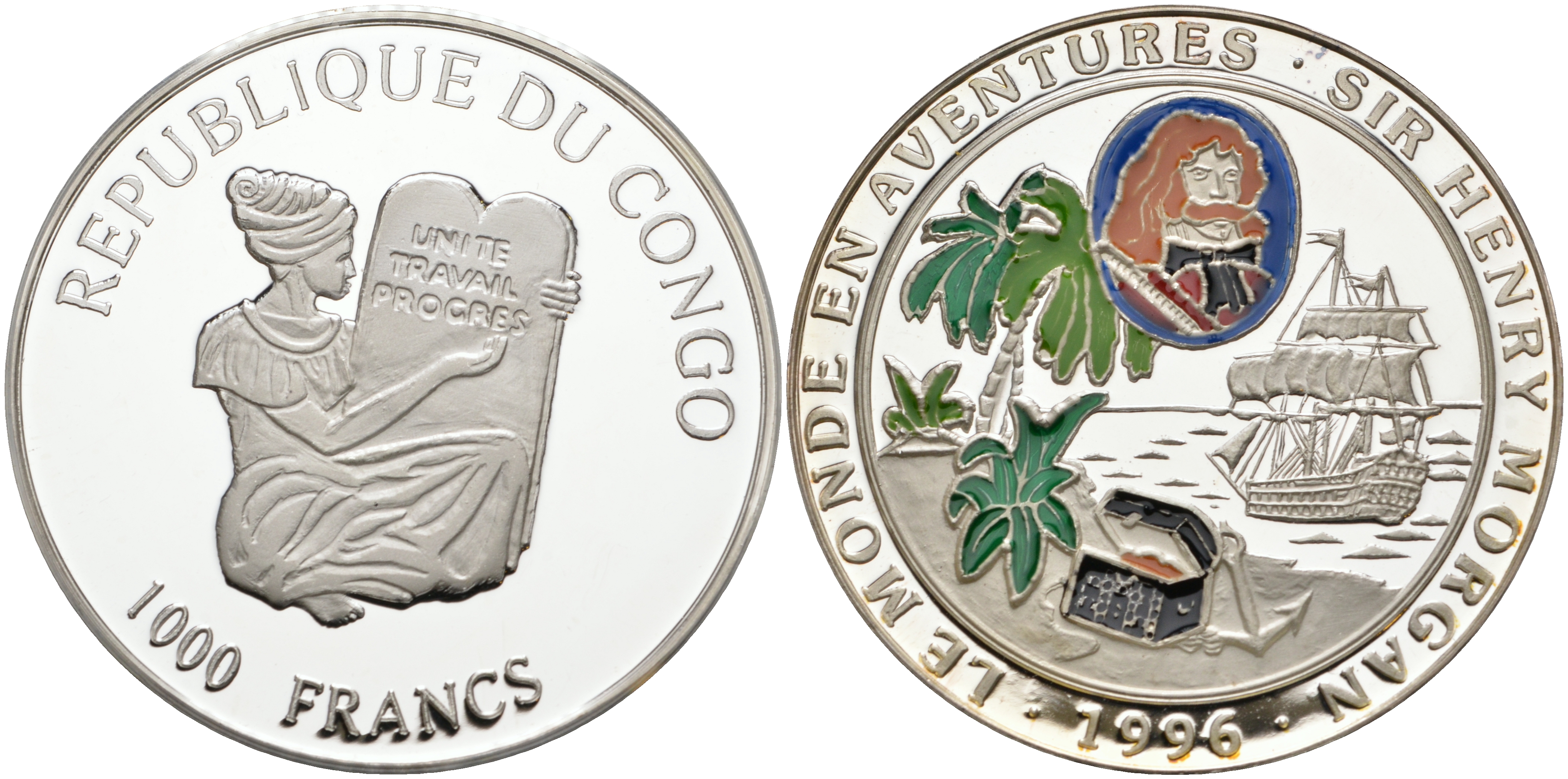 Конго 1000 франков 1996 Генри Морган, цветная эмаль серебро PROOF 11-267-34
