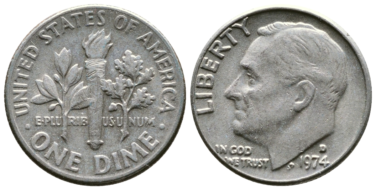 США 10 центов (дайм) 1974 D, Франклин Рузвельт KM 195а медь плакированная медно-никелем 51-5053