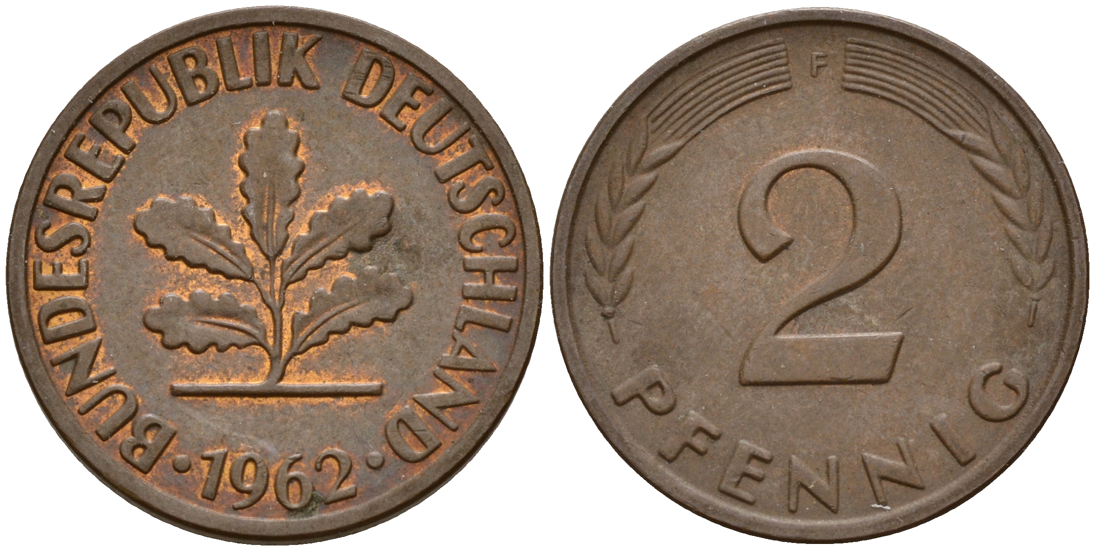 ФРГ 2 пфеннига 1962 F J.381  KM 106 бронза    4598-727