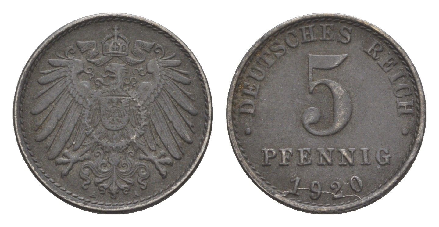Германия 5 пфеннигов 1920 A KM 19, J. 297, Weege 5 железо плакированное цинком 4640-166