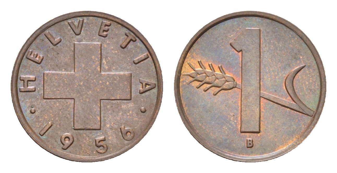 Швейцария 1 раппен 1956 B KM 46 бронза 4708-244