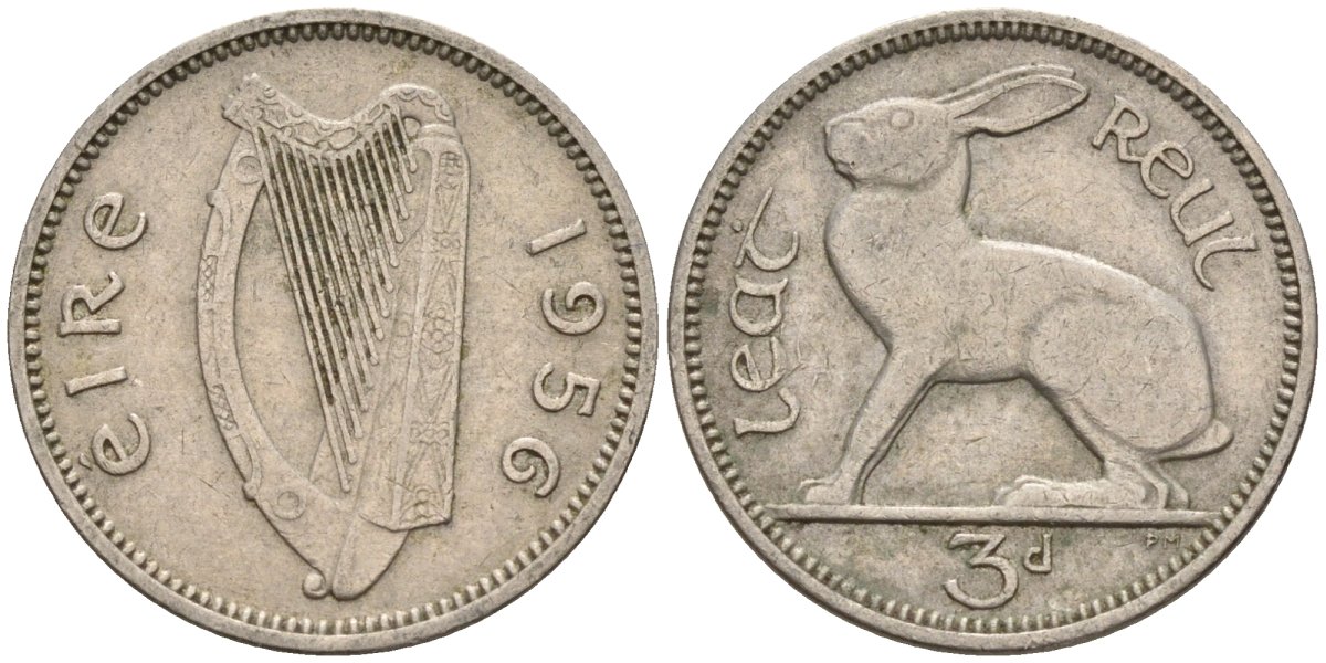 Ирландия 3 пенса 1956 заяц KM 12а медно-никель 4596-1065