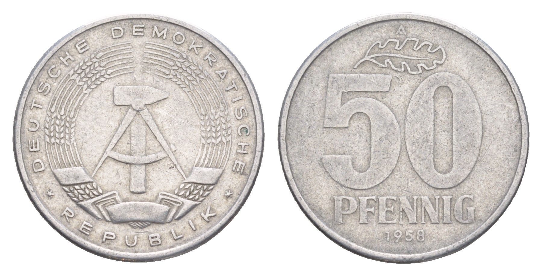 ГДР 50 пфеннигов 1958 A KM 12.1 алюминий 4648-1027