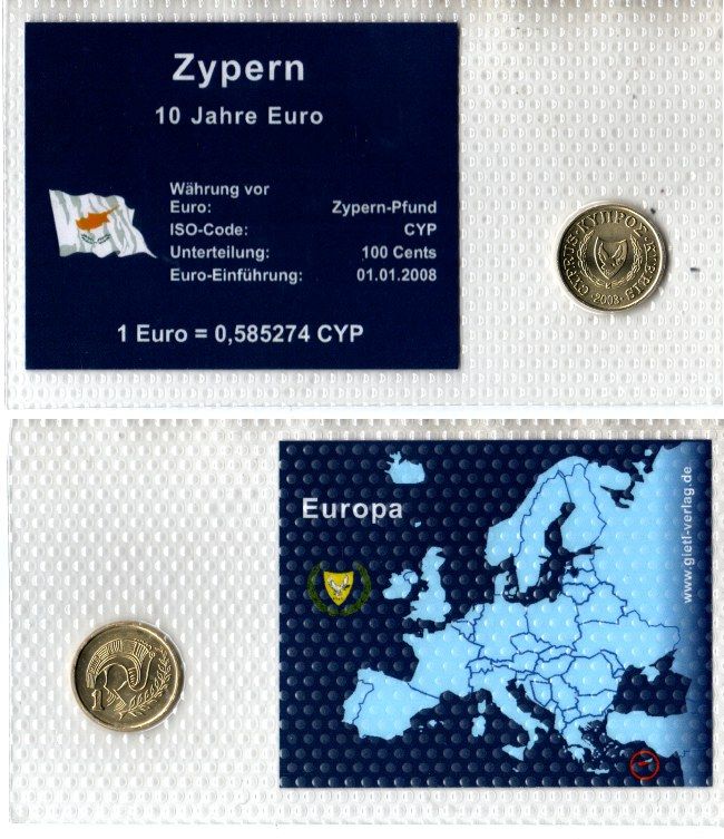 Кипр 1 цент 2003 в красочной упаковке с информацией о стране KM 53.3 никель латунь UNC 5-4-1-46