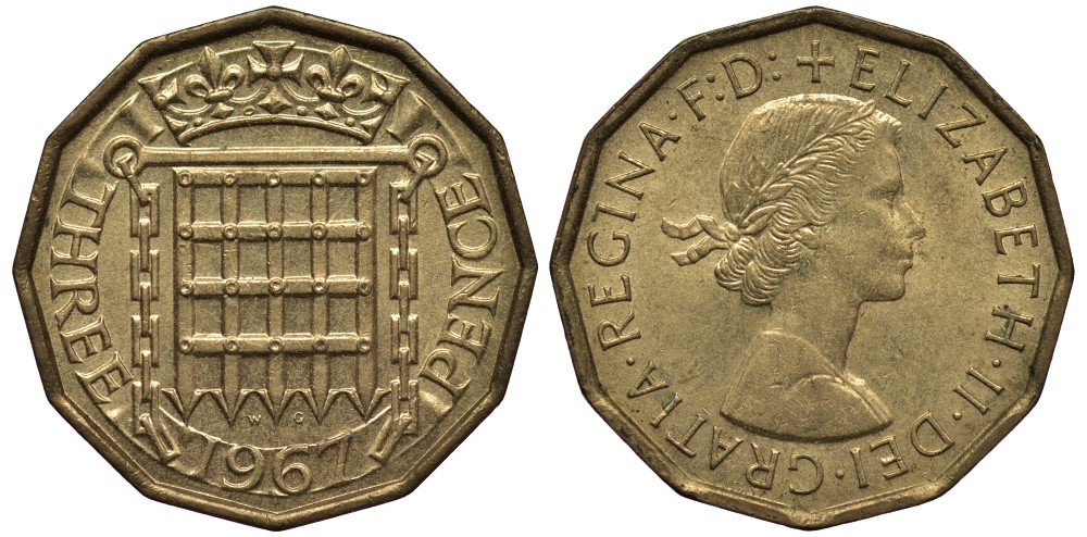 Великобритания 3 пенса 1967 Елизавета II (1952-2022) KM 900, Spink 4153 никель латунь 4538-1141