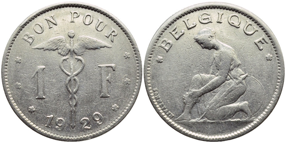 БЕЛЬГИЯ 1 ФРАНК 1929 BELGIQUE KM 89 никель 23-1055