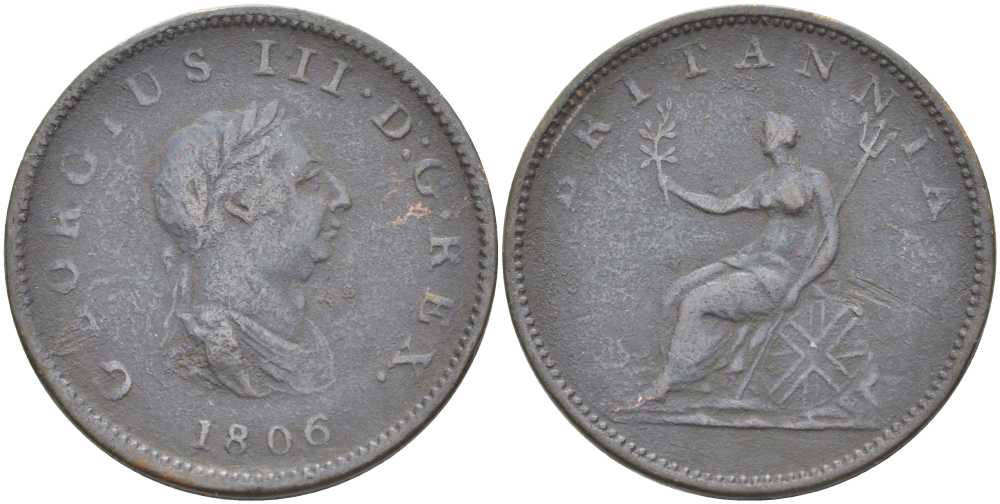 Великобритания 1/2 пенни 1806 Георг III (1760-1820) KM 662, Spink 3781 медь 32-342