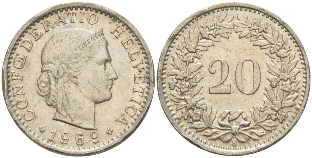 Швейцария 20 раппенов 1969 KM 29а медно-никель 4551-854