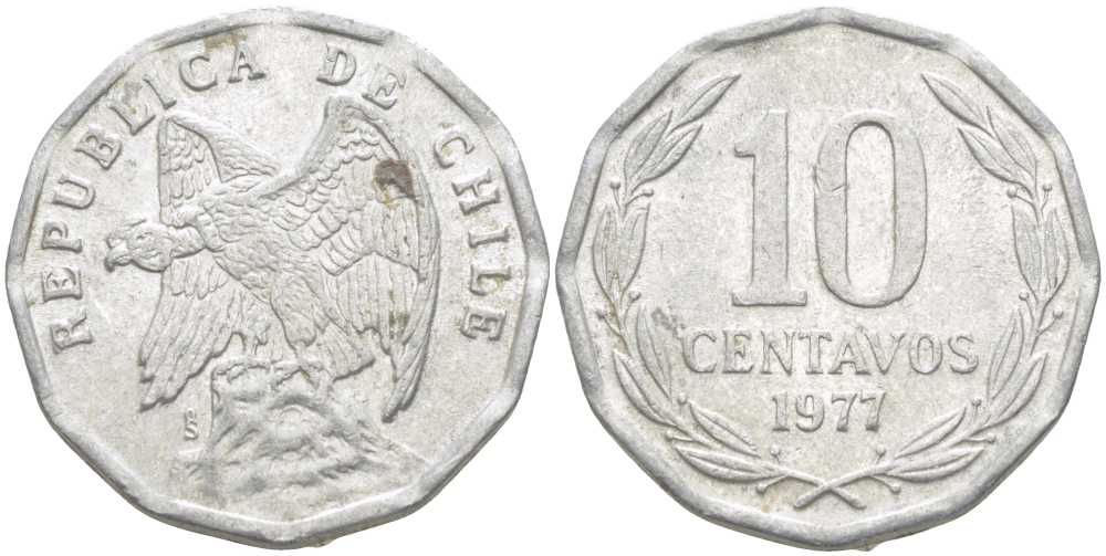 Чили 10 сентаво 1977 KM 205a алюминий 4402-413