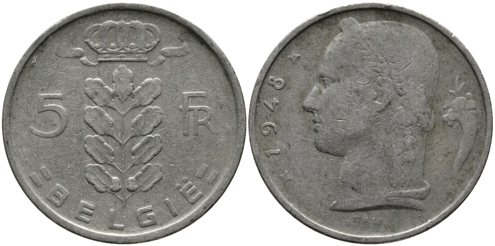 БЕЛЬГИЯ 5 ФРАНКОВ 1948 BELGIE KM 135.1 медно-никель 98-532