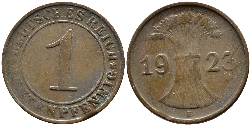 ГЕРМАНИЯ 1 РЕНТЕНПФЕННИГ 1923 E KM 30, J. 306 бронза 4387-1121