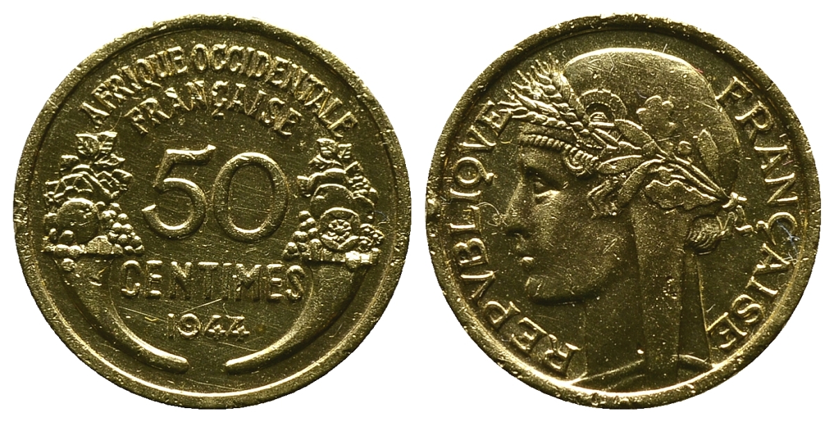 Французская Западная Африка 50 сантимов 1944 редкая KM 1, Lec 1 алюминиевая бронза aUNC 4381-941