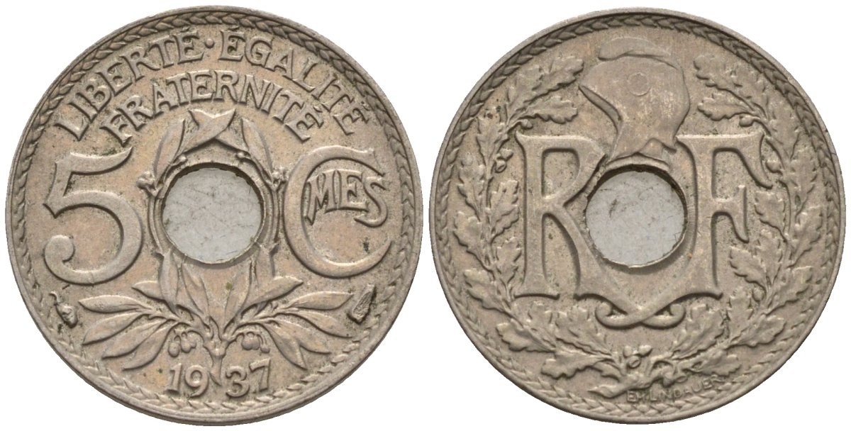 Франция 5 сантимов 1937 KM 875 медно-никель 4596-642