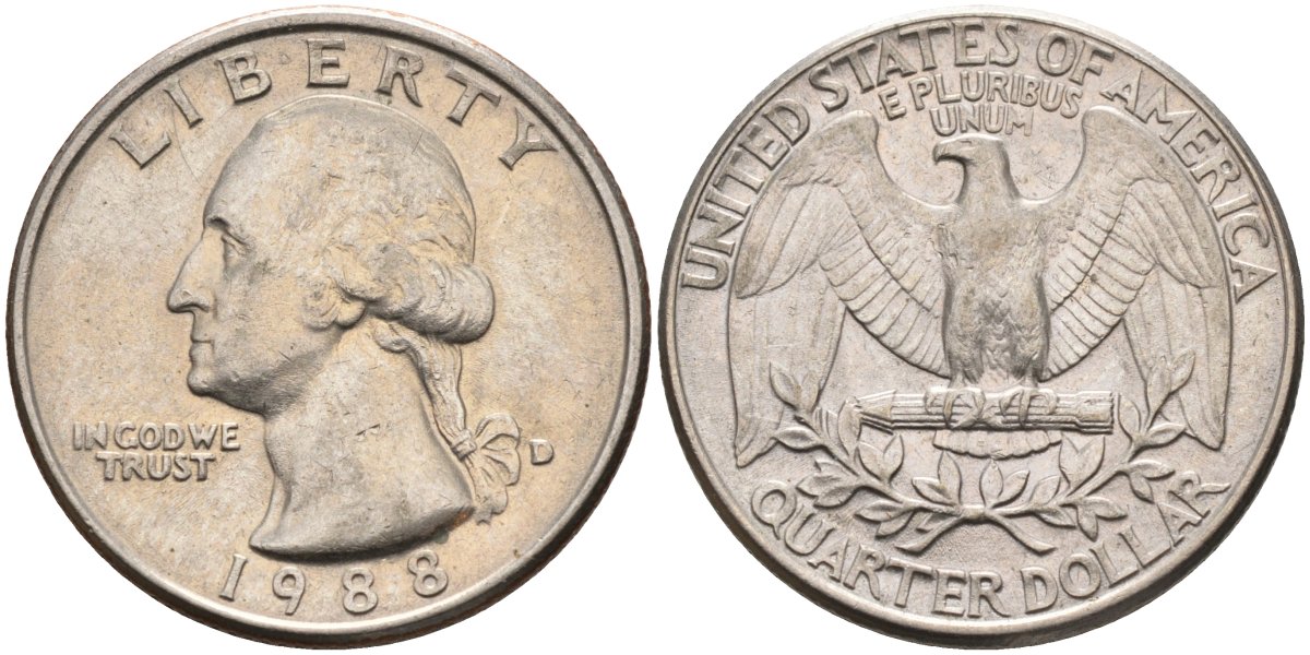 США 25 центов = квотер 1988 D, Вашингтон KM A164a медь плакированная медно-никелем 4584-1243