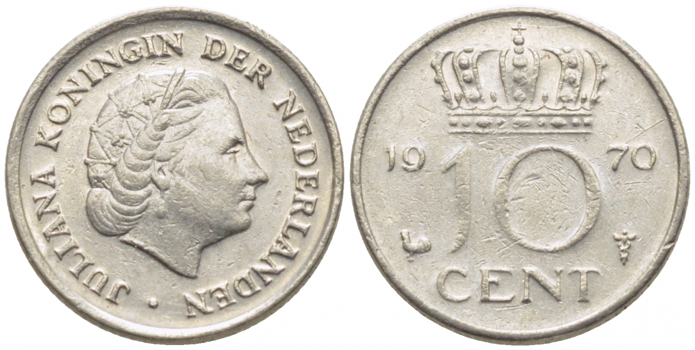 Нидерланды 10 центов 1970 Юлиана (1948-1980) KM 182 никель 112-344
