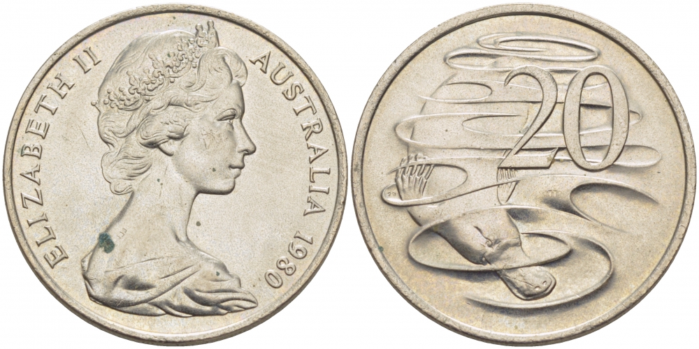 АВСТРАЛИЯ 20 ЦЕНТОВ 1980 ЕЛИЗАВЕТА II, МОЛОДОЙ ПОРТРЕТ, УТКОНОС KM 66 медно-никель 3457-214