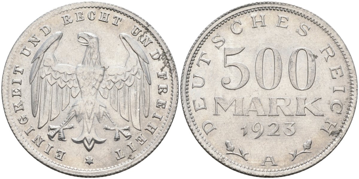 Германия 500 марок 1923 А KM 36, J.305 алюминий 221-632