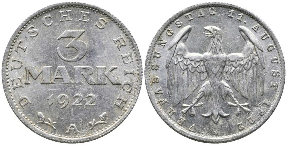 Германия 3 марки 1922 A, третья годовщина Веймарской Конституции KM 29, J. 303 алюминий 38-245