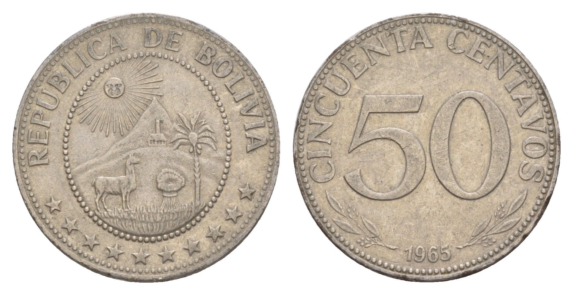 Боливия 50 сентаво 1965 KM 190 сталь плакированная никелем 4628-345