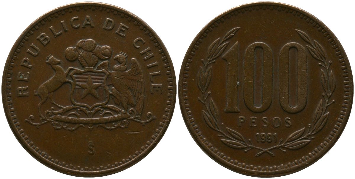 Чили 100 песо 1991 So KM 226.2, Schon 71 алюминиевая бронза 4544-925