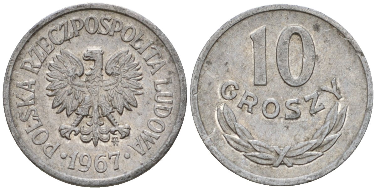 Польша 10 грошей 1967 MW KM AA47, Parchimowicz 206f алюминий 4602-232