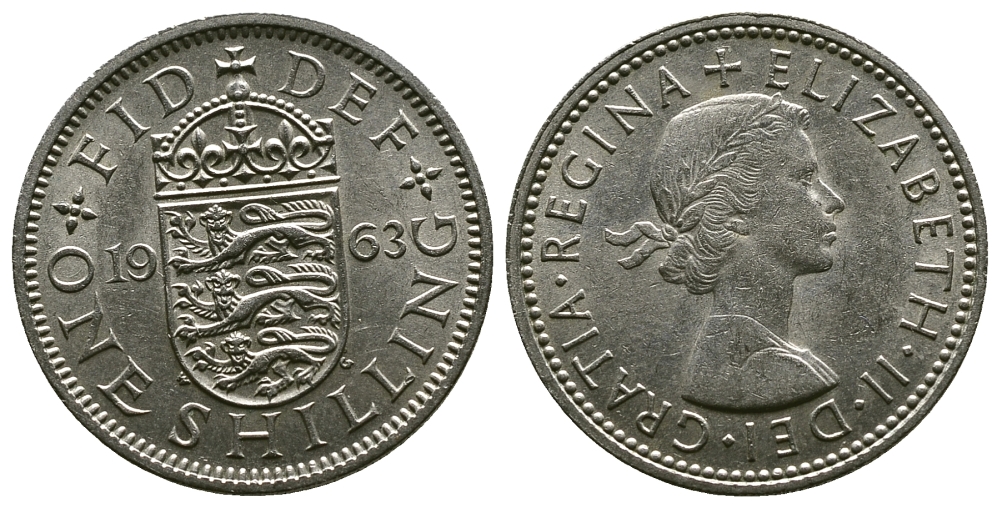 Великобритания 1 шиллинг 1963 Елизавета II (1952-2022), Английский герб KM 904, Spink 4147 медно-никель 4384-447