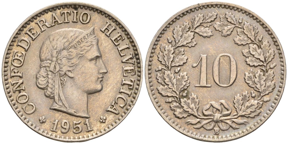 Швейцария 10 раппенов 1951 B KM 27 медно-никель 4608-465