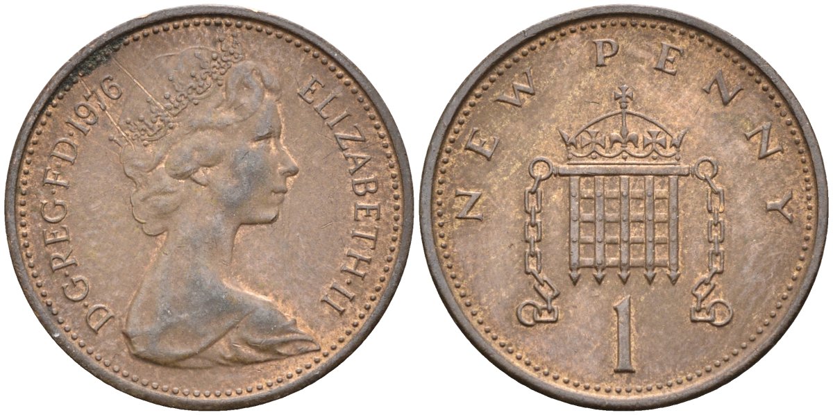 Великобритания 1 пенни 1976 Елизавета II (1952-2022) KM 915, Spink 4237 (B1) бронза 4585-865