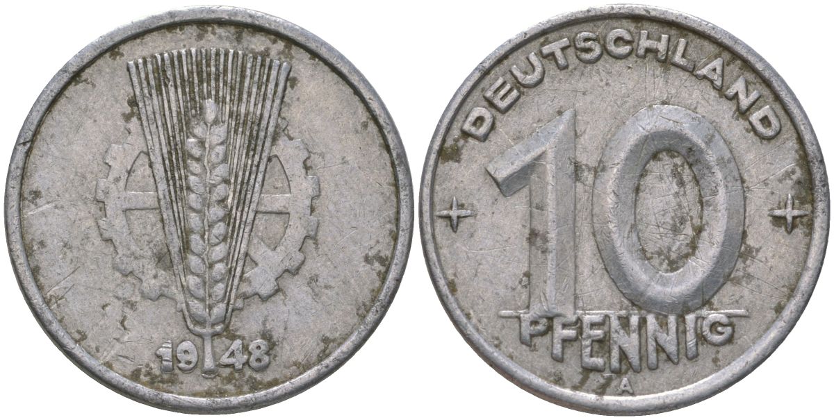 ГДР 10 пфеннигов 1948 A KM 3 алюминий 206-618