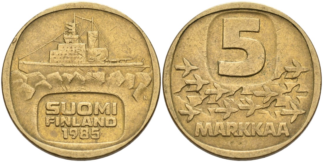 Финляндия 5 марок 1985 N, ледокол "URHO" KM 57 алюминиевая бронза 217-841