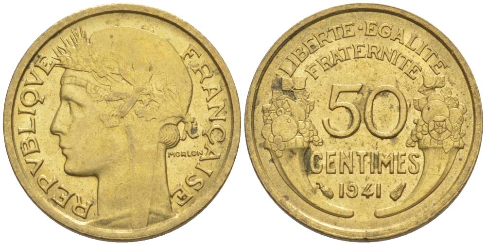 Франция 50 сантимов 1941 тип Морлон KM 894.1, Le Franc 192.18 алюминиевая бронза 44-361