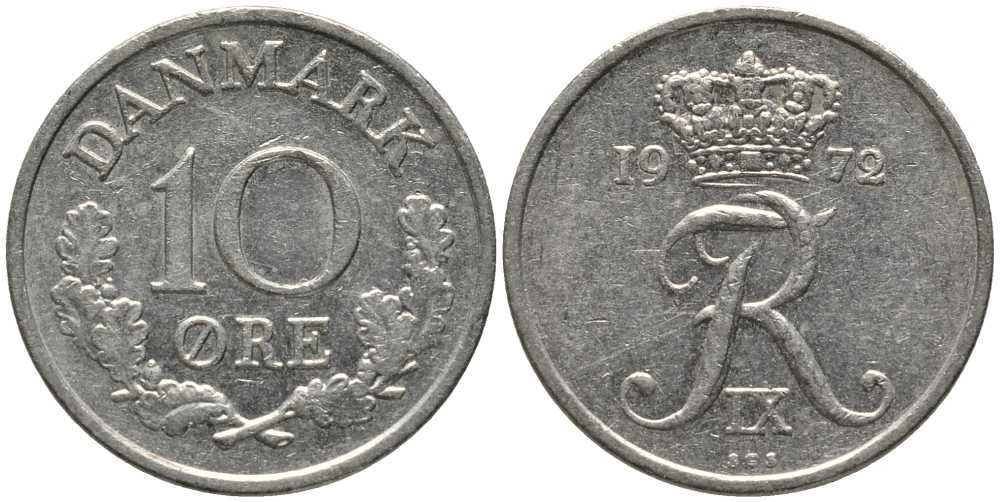 ДАНИЯ 10 ЭРЕ 1972 S; S, ФРЕДЕРИК IX (1947-1972) KM 849.2 медно-никель 116-234