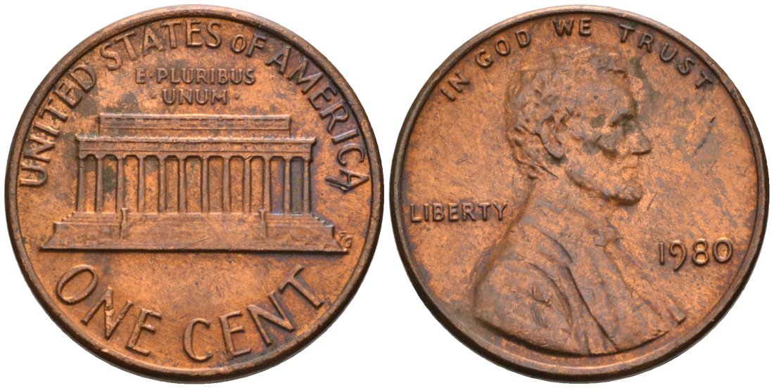 США 1 цент 1980 Авраам Линкольн KM 201 медь цинк 4564-237
