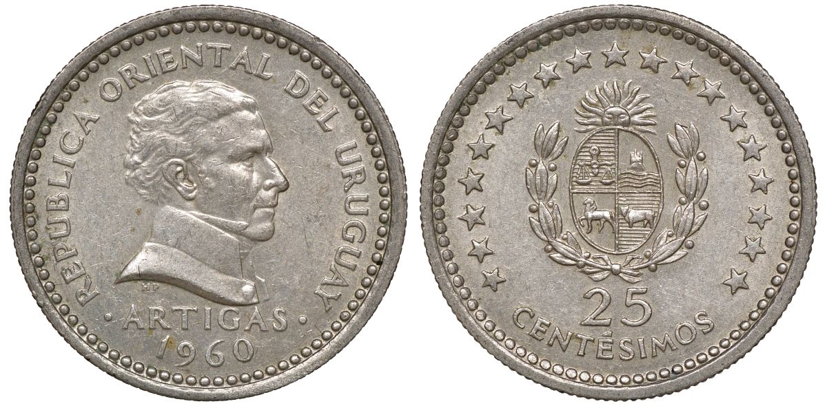 Уругвай 25 сентесимо 1960 KM 40 медно-никель 4169-855