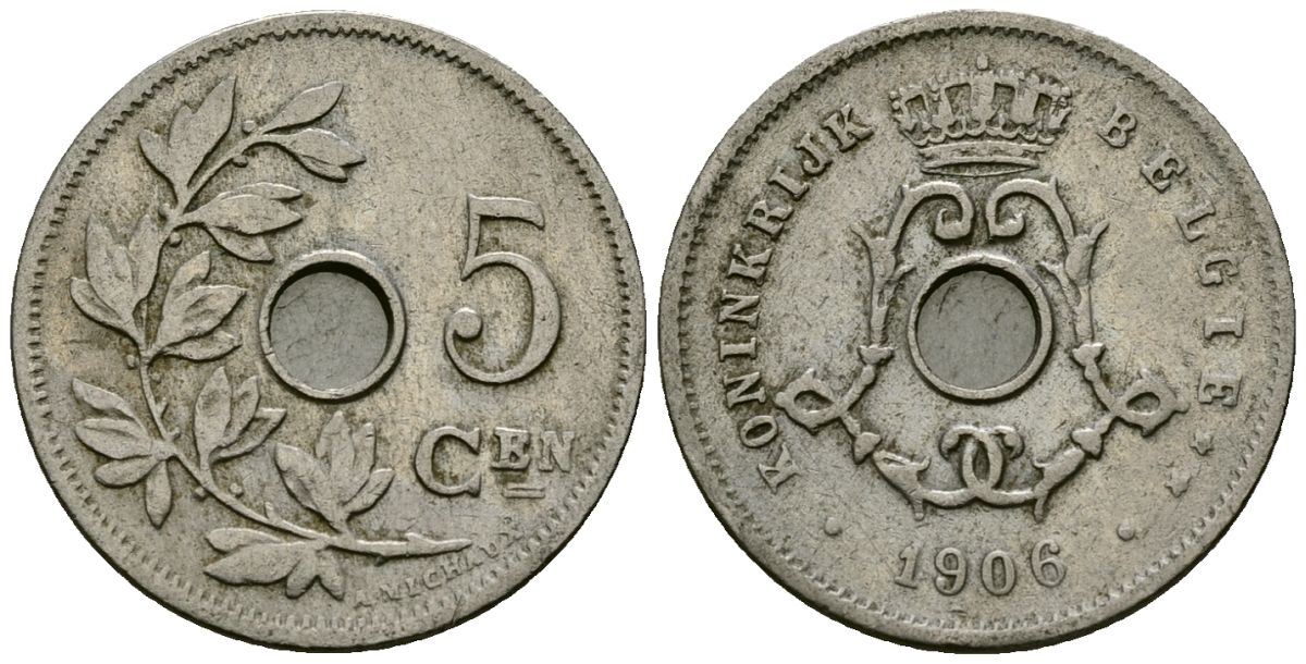 Бельгия 5 сантимов 1906 Belgie, Леопольд II (1865-1909) KM 55 медно-никель 4173-144